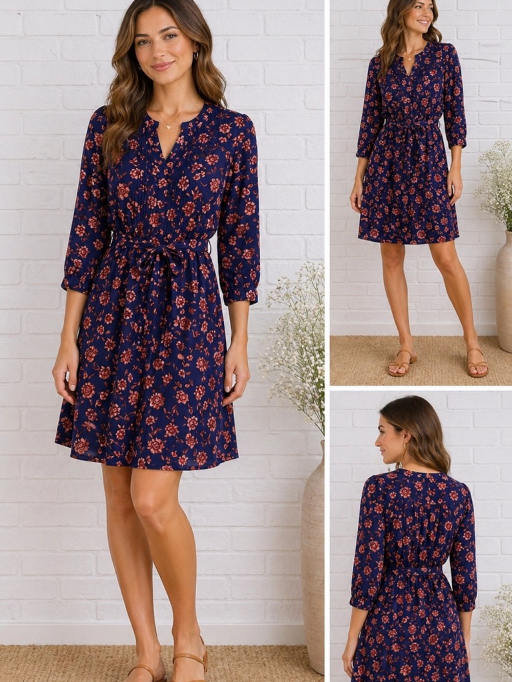 Anthropologie Meadow Rue Navy Floral Tunic Tie Waist Dress Size M